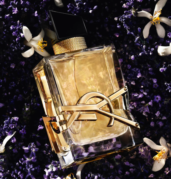 YSL Libre perfume bottle on a bed of lavender and jasmine