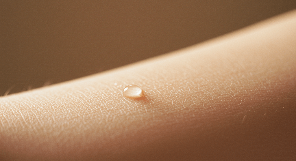 close up of a drop of perfume on skin