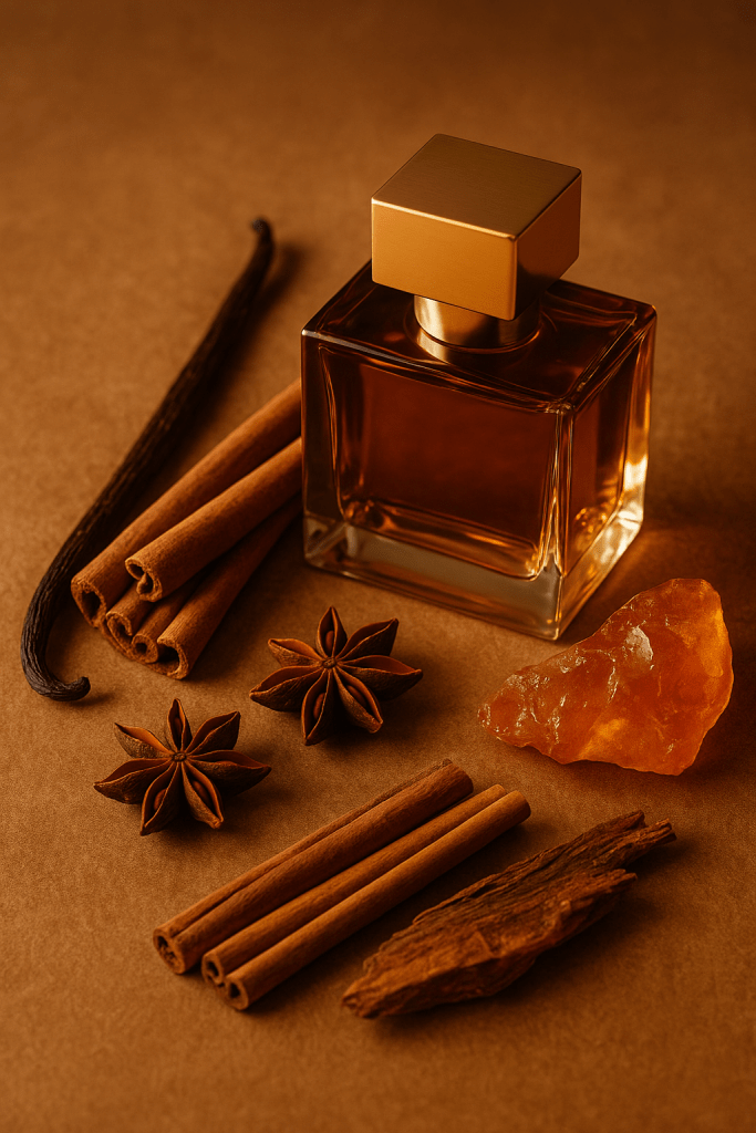 Luxurious still life of a golden-hued perfume bottle surrounded by vanilla bean, cinnamon sticks, star anise, and amber resin, representing the gourmand fragrance family.