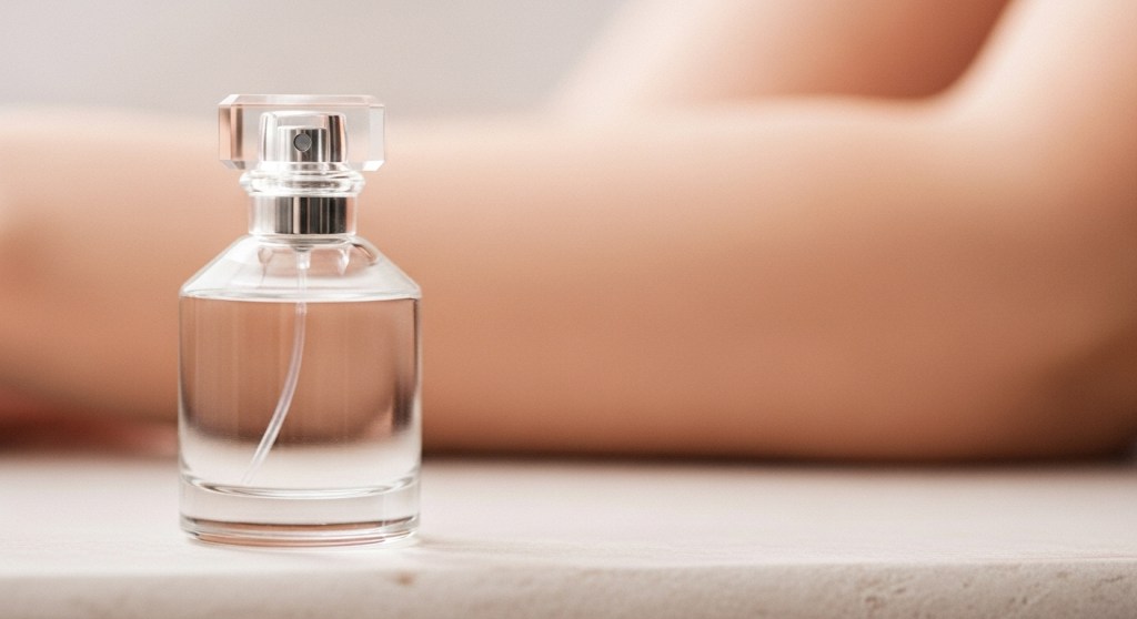 Close-up of a clear glass perfume bottle with a chrome sprayer and clear cap, set against a blurred background of warm, bare skin.