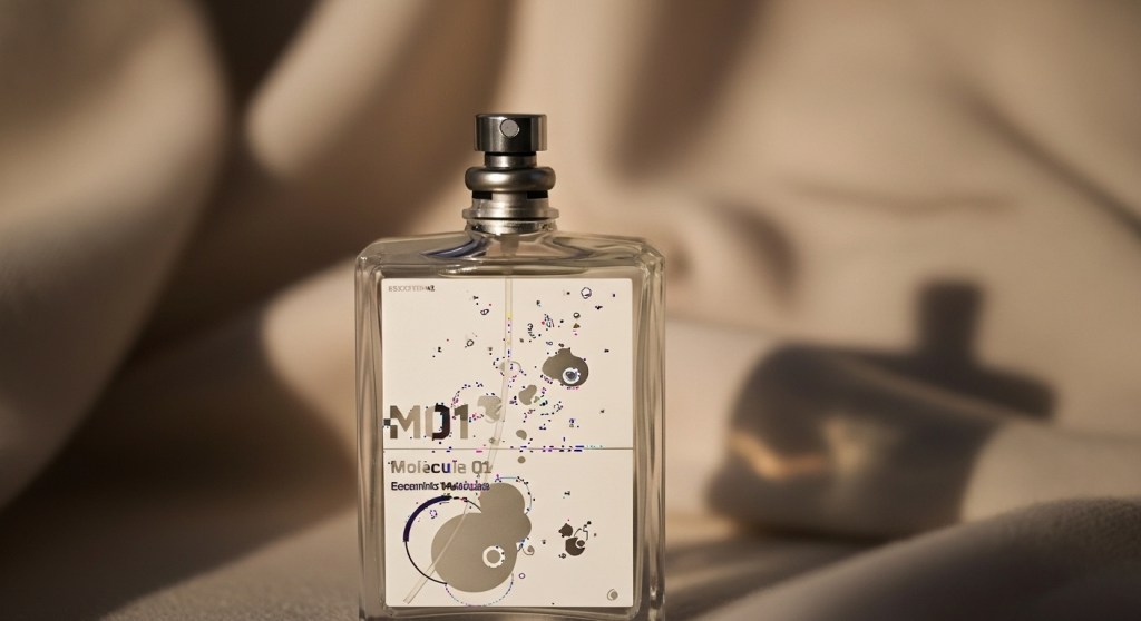Close-up of the Molecule 01 perfume bottle with its distinct graphic label, set against a background of warm, draped, light beige fabric.