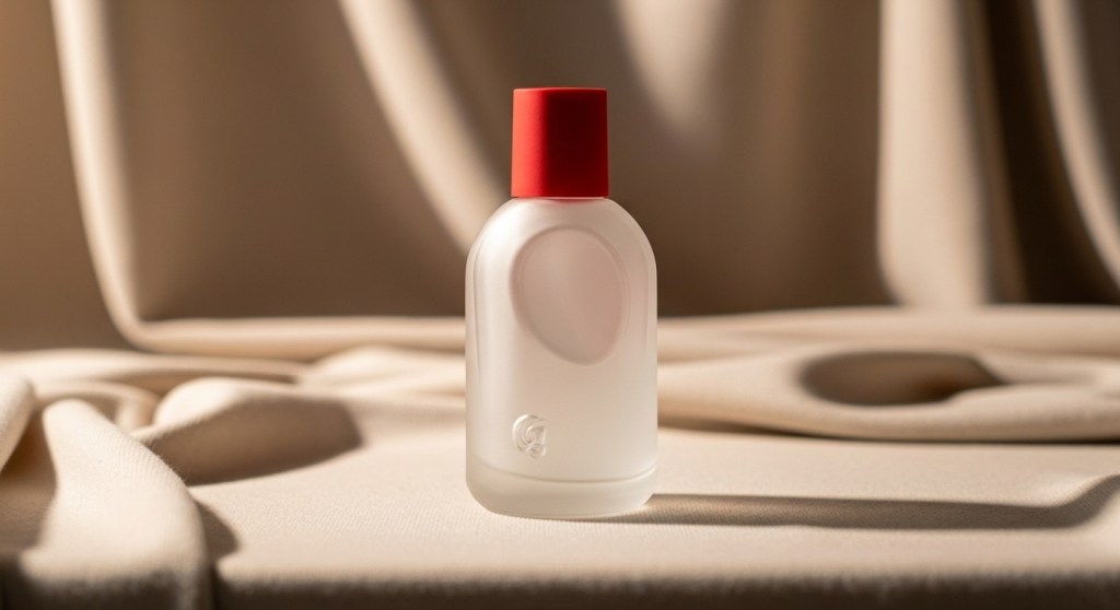Close-up of the frosted glass Glossier You perfume bottle with the signature red cap, set against a warm, draped beige fabric background.