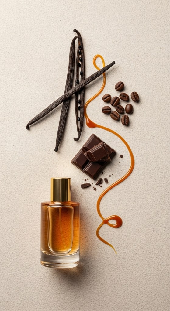 Flat lay of gourmand fragrance elements including vanilla beans, coffee beans, chocolate pieces, caramel drizzle, and a warm amber perfume bottle on a beige background