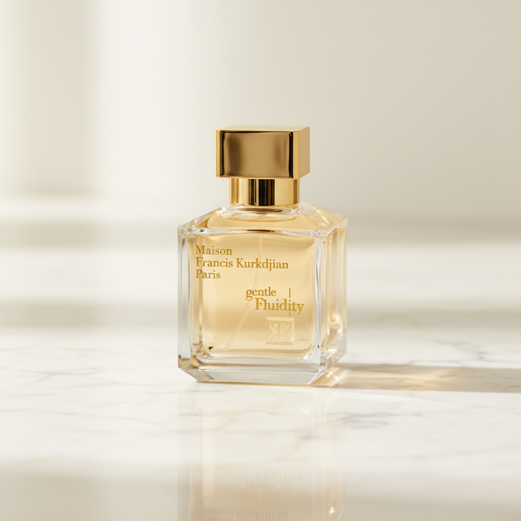 Bottle of MFK Gentle Fluidity Gold perfume on a white marble surface, embodying quiet luxury and a creamy vanilla scent for winter.