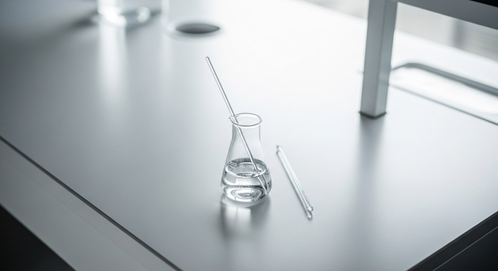 Clear glass beaker with transparent molecular liquid and stirring rod on a sleek lab counter.