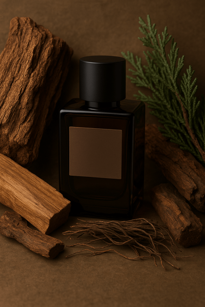 Close-up studio shot of textured cedarwood, polished sandalwood, cypress sprigs, and dried vetiver roots arranged around a dark minimalist woody perfume bottle.