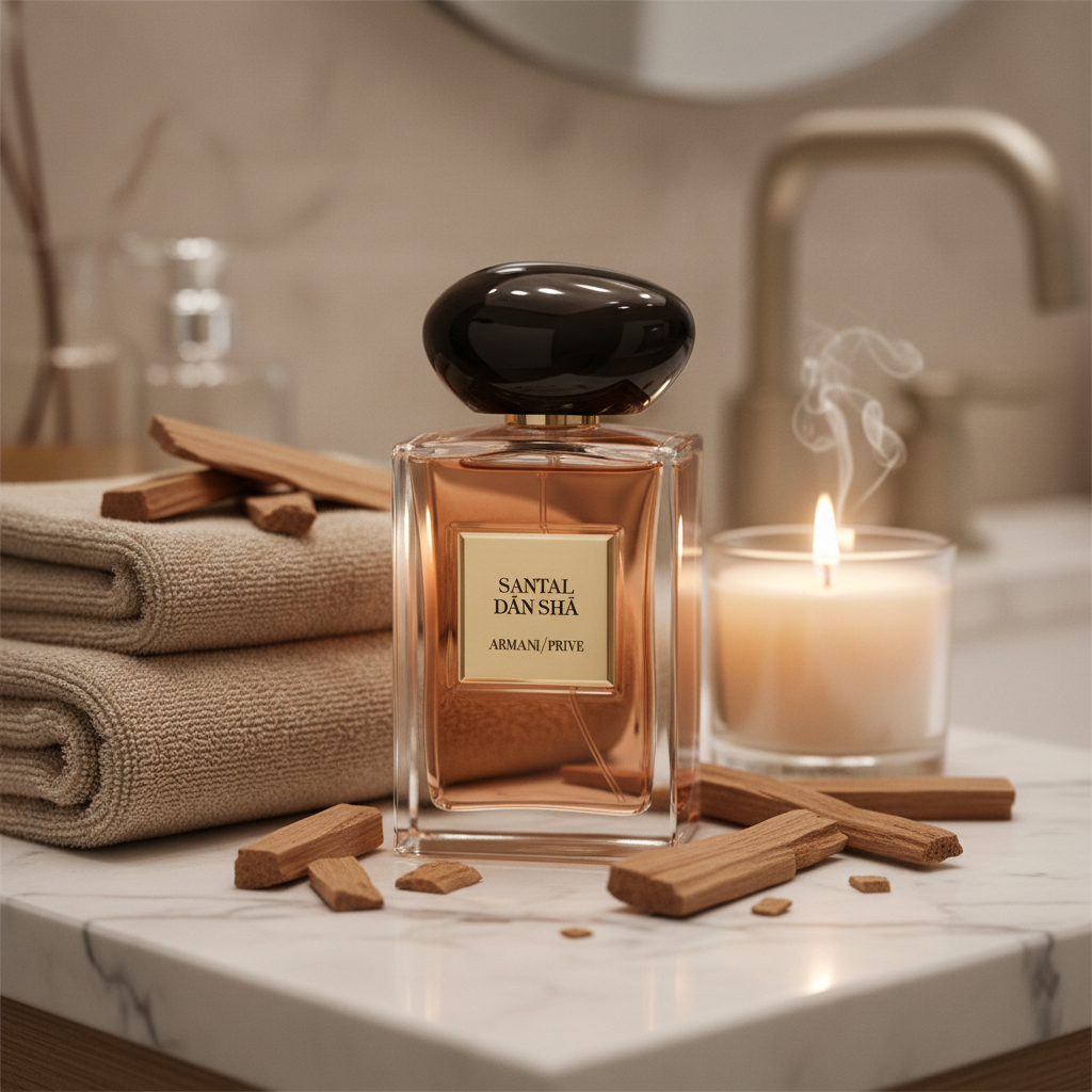 Armani Privé Santal Dan Sha perfume bottle on a marble counter with folded towels, sandalwood pieces, and a lit candle in a calm beige spa-like setting.