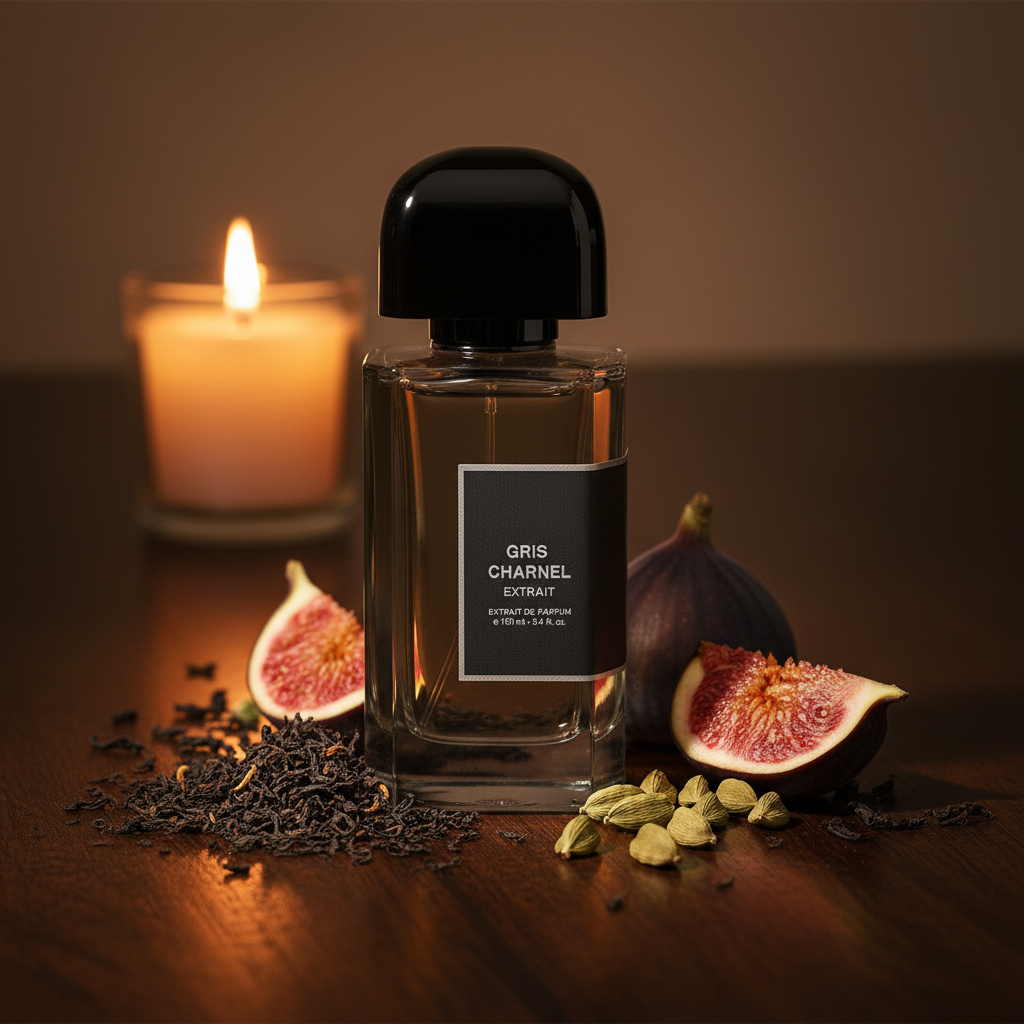 BDK Parfums Gris Charnel Extrait perfume bottle surrounded by figs, black tea leaves, cardamom pods, and a lit candle in a warm-toned still life.