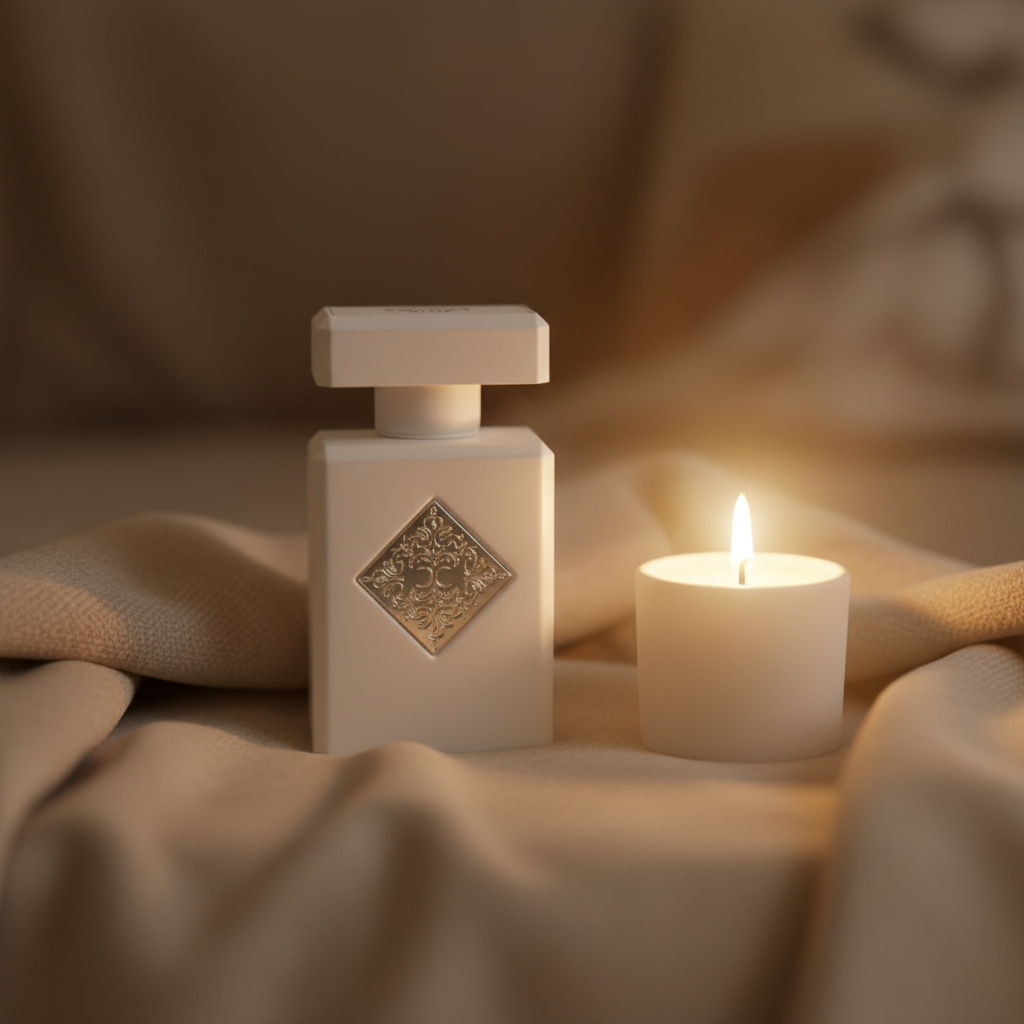 Initio Rehab perfume bottle placed on soft beige fabric beside a lit candle in a warm, cozy winter setting.