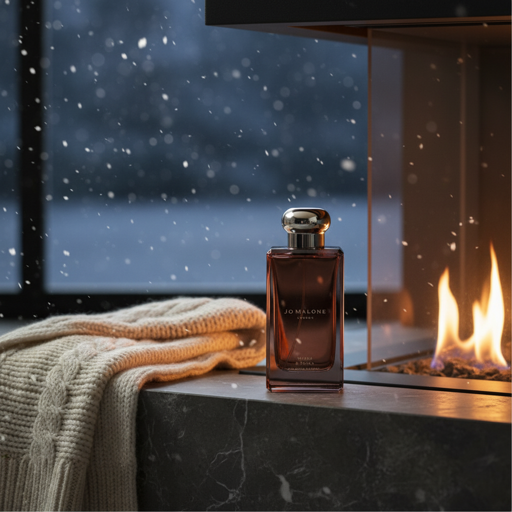 Jo Malone Myrrh & Tonka perfume bottle placed beside a cream knit sweater near a modern fireplace, with snow falling outside a large window in a winter scene.