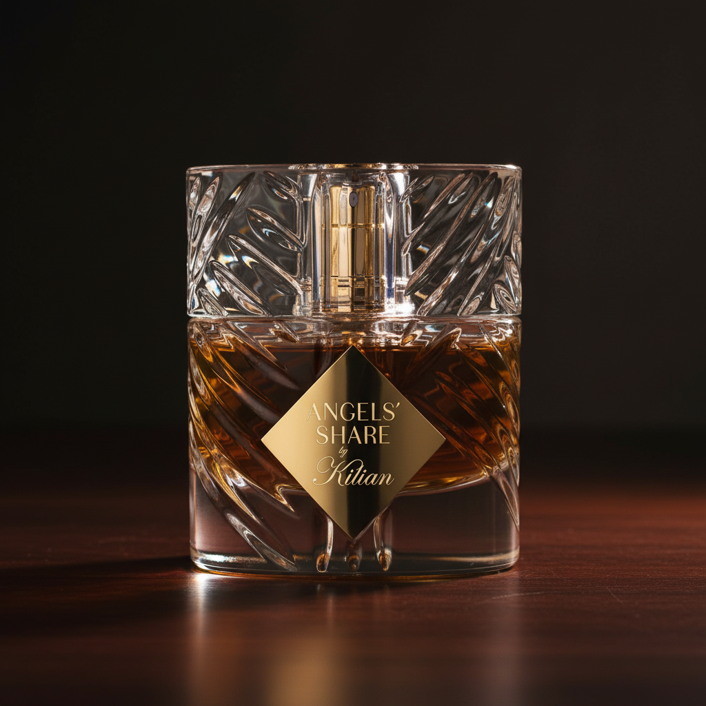 Kilian Angels' Share perfume bottle on a dark wooden surface, highlighting its rich amber color and boozy, cinnamon gourmand scent.
