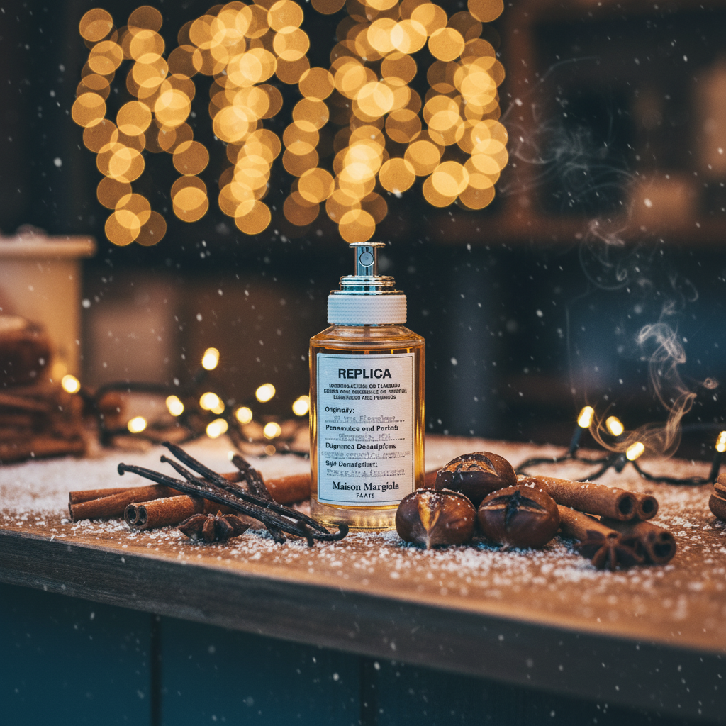 Maison Margiela Replica By the Fireplace perfume bottle surrounded by roasted chestnuts, cinnamon sticks, vanilla pods, Christmas lights and falling snow on a winter-themed table.