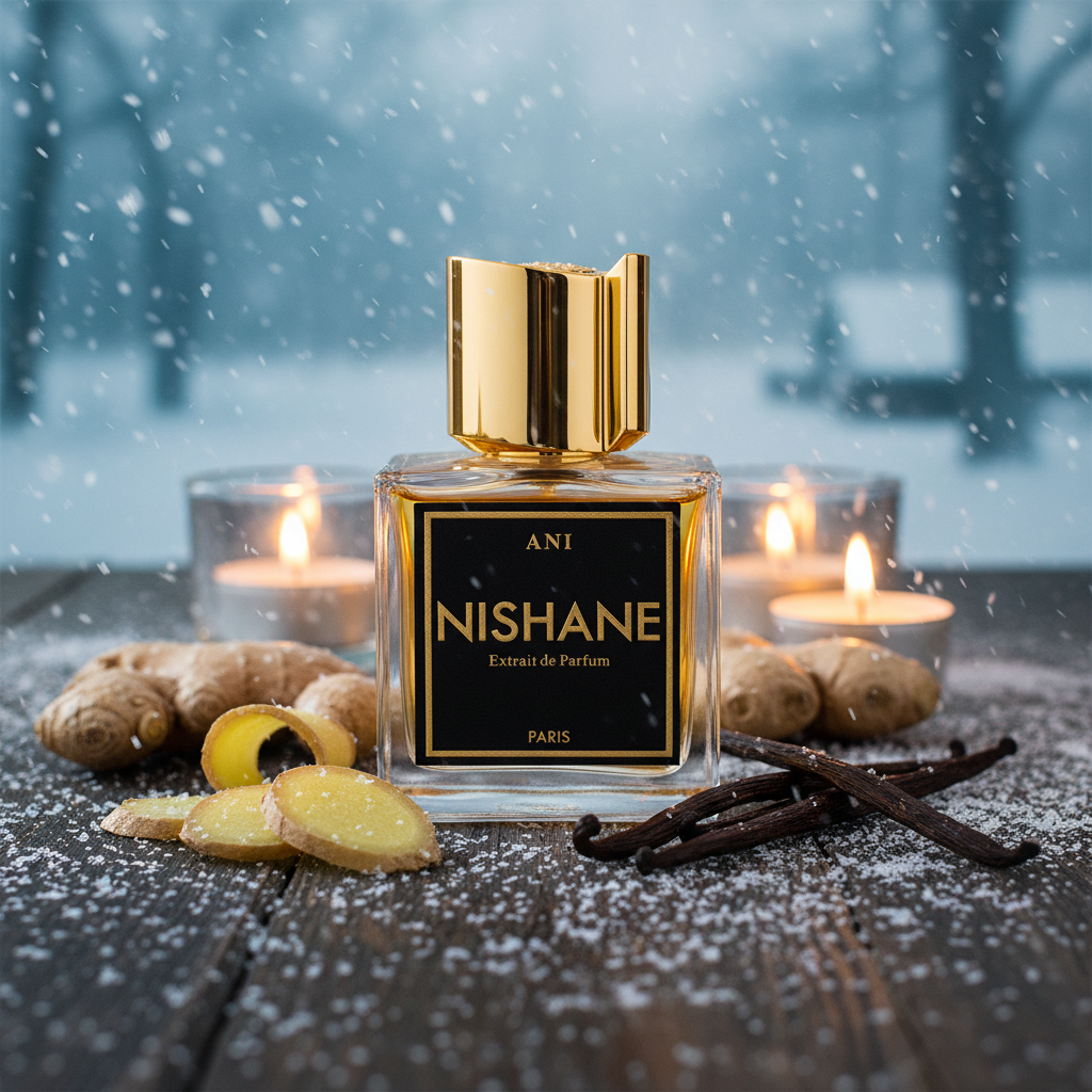 Nishane Ani perfume bottle on a snowy wooden table surrounded by sliced ginger, vanilla pods, and lit candles with falling snow and a winter landscape in the background.
