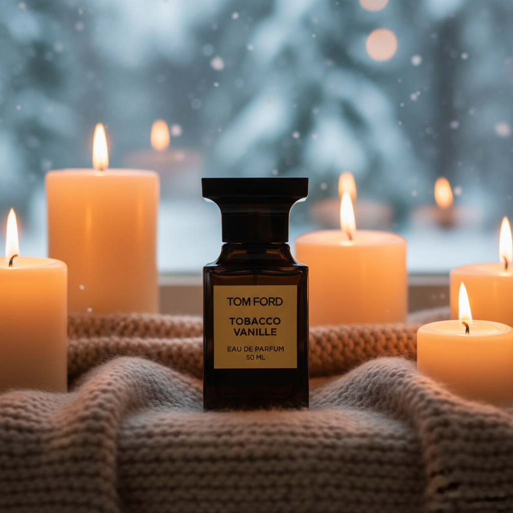 Tom Ford Tobacco Vanille perfume bottle surrounded by lit candles on a knitted wool blanket with a snowy winter scene outside the window.