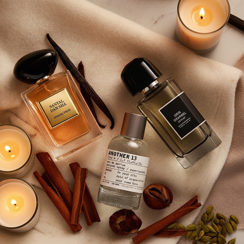 Flatlay of Armani Privé Santal Dan Sha, Le Labo Another 13, and BDK Gris Charnel Extrait on a soft beige blanket with candles, cinnamon sticks, cardamom pods, and vanilla beans in a cozy winter setting.