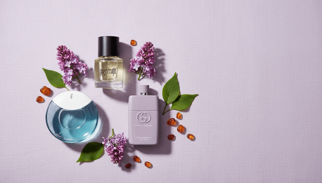 A flat lay perfume collection featuring Heretic Nosferatu, Issey Miyake A Drop d’Issey, and Gucci Guilty Love Edition with purple lilacs and amber stones on a light purple linen background.