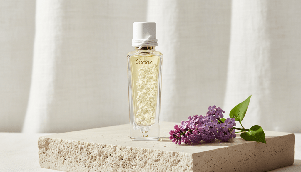 A tall, slender Cartier Pur Lilas perfume bottle standing on a textured stone block with a sprig of purple lilac against a white linen background.