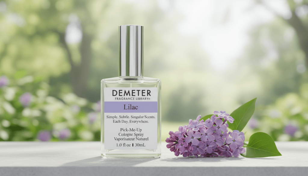 A clear bottle of Demeter Fragrance Library Lilac cologne spray on a white surface with a single sprig of purple lilac.