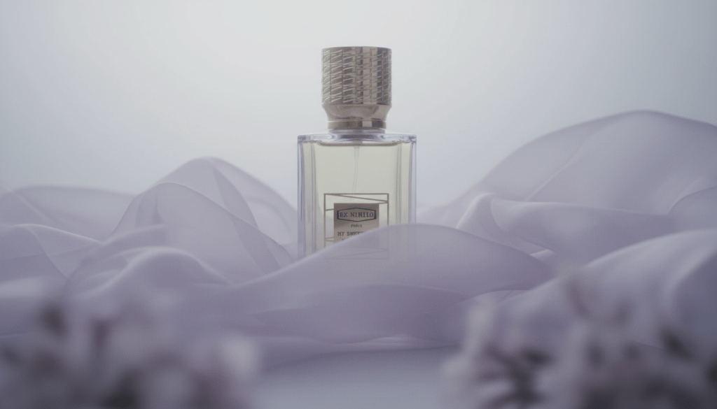 A clear glass perfume bottle by Ex Nihilo with a textured gold cap, nestled in flowing light purple silk fabric.