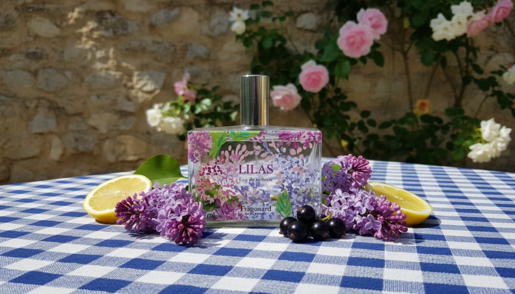 A bottle of Fragonard Lilas Eau de Toilette on a blue and white checkered tablecloth with fresh lilacs, lemon slices, and blackcurrants.