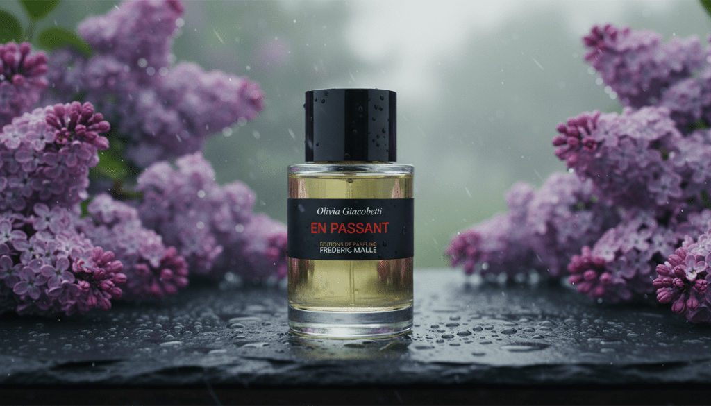 Frederic Malle En Passant perfume bottle on a wet stone surface surrounded by purple lilacs in the rain.