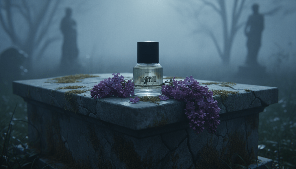 A bottle of Heretic Nosferatu perfume on a mossy stone tomb in a foggy graveyard with dark purple lilacs.