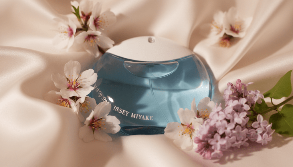 Issey Miyake A Drop d'Issey perfume bottle shaped like a water drop on a white surface with purple lilacs.