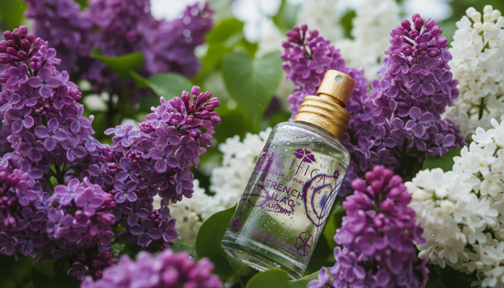 A bottle of Pacifica French Lilac perfume nestled in a dense bush of purple and white lilac flowers with water droplets.