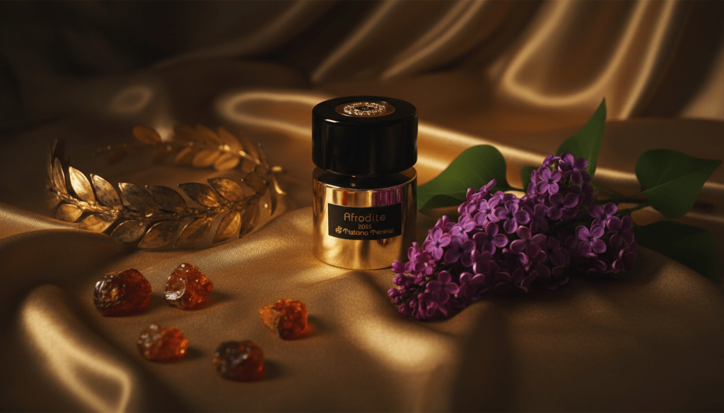 A gold Tiziana Terenzi Afrodite perfume bottle on draped gold silk with a golden laurel wreath, amber stones, and purple lilacs.
