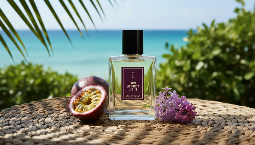 A bottle of Une Nuit Nomade Love at First Sight perfume on a woven mat with a halved passion fruit and lilacs, overlooking a tropical beach.