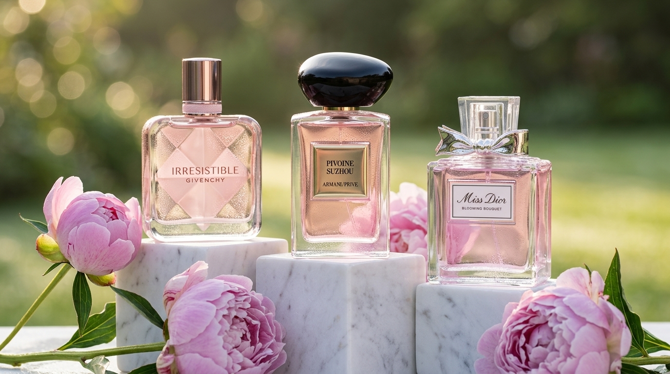 A professional product photograph of Givenchy Irresistible, Armani Privé Pivoine Suzhou, and Miss Dior Blooming Bouquet bottles on white marble pedestals with fresh pink peonies in a sunlit garden.